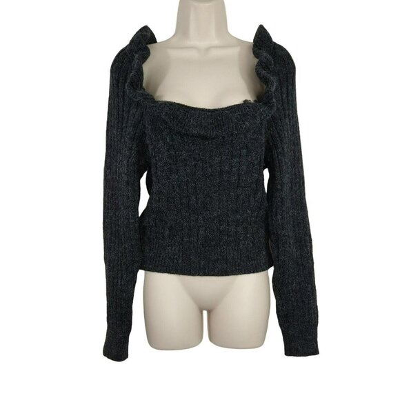 Topshop Sweaters - Topshop Open Back Ruffle Sweater Women Size 0-2 Charcoal Gray/Black Long Sleeve